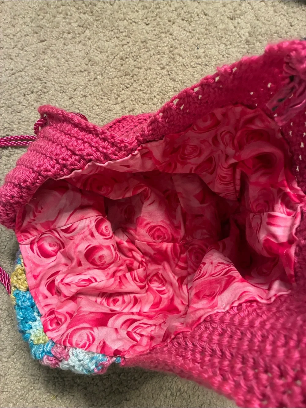 Multicolor Granny Squares Pink Crochet Knit Boho Bag